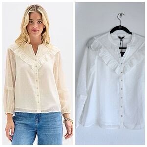 NEW Frye and Co. Womens Split Crew Neck Long Sleeve Blouse in White Size Small